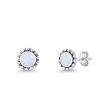 Round Beaded 7.2mm Lab Created Opal Stud Earring Oxidized 925 Sterling Silver