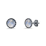 Round Lab Created Opal Stud Earring Oxidized 925 Sterling Silver