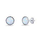Round Lab Created Opal Stud Earring Oxidized 925 Sterling Silver