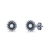 Sunflower Stud Earring 8.6mm Lab Created Opal Oxidized 925 Sterling Silver
