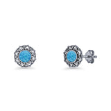 Sunflower Stud Earring 8.8mm Lab Created Opal Oxidized 925 Sterling Silver