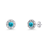 Sunflower Stud Earring 8.8mm Lab Created Opal Oxidized 925 Sterling Silver