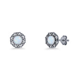 Sunflower Stud Earring 8.8mm Lab Created Opal Oxidized 925 Sterling Silver