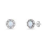 Sunflower Stud Earring 8.8mm Lab Created Opal Oxidized 925 Sterling Silver