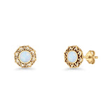 Sunflower Stud Earring 8.8mm Lab Created Opal Oxidized 925 Sterling Silver