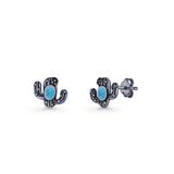 Cactus Stud Earring 8mm Oxidized Lab Created Opal 925 Sterling Silver