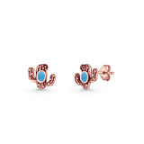 Cactus Stud Earring 8mm Oxidized Lab Created Opal 925 Sterling Silver