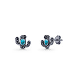 Cactus Stud Earring 8mm Oxidized Lab Created Opal 925 Sterling Silver