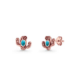 Cactus Stud Earring 8mm Oxidized Lab Created Opal 925 Sterling Silver