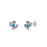 Cactus Stud Earring 8mm Oxidized Lab Created Opal 925 Sterling Silver