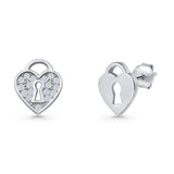 Minimalist 9mm Heart Lock Stud Earrings Cubic Zirconia 925 Sterling Silver