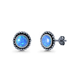 Round Lab Created Opal Beaded Oxidized Stud Earring 925 Sterling Silver