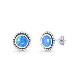Round Lab Created Opal Beaded Oxidized Stud Earring 925 Sterling Silver