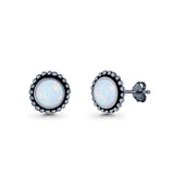 Round Lab Created Opal Beaded Oxidized Stud Earring 925 Sterling Silver