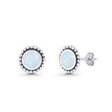 Round Lab Created Opal Beaded Oxidized Stud Earring 925 Sterling Silver