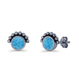 Round Solitaire Lab Created Opal Oxidized Stud Earring Beaded Design 925 Sterling Silver