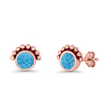 Round Solitaire Lab Created Opal Oxidized Stud Earring Beaded Design 925 Sterling Silver