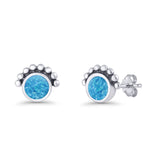 Round Solitaire Lab Created Opal Oxidized Stud Earring Beaded Design 925 Sterling Silver