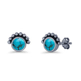 Round Solitaire Lab Created Opal Oxidized Stud Earring Beaded Design 925 Sterling Silver