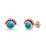 Round Solitaire Lab Created Opal Oxidized Stud Earring Beaded Design 925 Sterling Silver