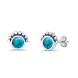 Round Solitaire Lab Created Opal Oxidized Stud Earring Beaded Design 925 Sterling Silver