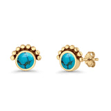 Round Solitaire Lab Created Opal Oxidized Stud Earring Beaded Design 925 Sterling Silver