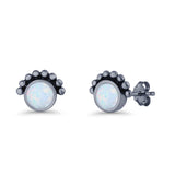 Round Solitaire Lab Created Opal Oxidized Stud Earring Beaded Design 925 Sterling Silver