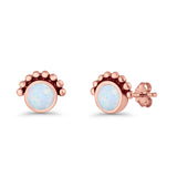 Round Solitaire Lab Created Opal Oxidized Stud Earring Beaded Design 925 Sterling Silver