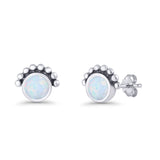 Round Solitaire Lab Created Opal Oxidized Stud Earring Beaded Design 925 Sterling Silver