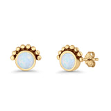 Round Solitaire Lab Created Opal Oxidized Stud Earring Beaded Design 925 Sterling Silver