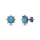 Sunflower 11mm Round Lab Created Opal Stud Earring Star Oxidized 925 Sterling Silver