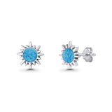 Sunflower 11mm Round Lab Created Opal Stud Earring Star Oxidized 925 Sterling Silver