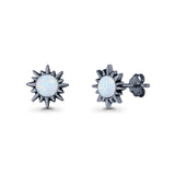 Sunflower 11mm Round Lab Created Opal Stud Earring Star Oxidized 925 Sterling Silver