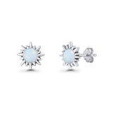 Sunflower 11mm Round Lab Created Opal Stud Earring Star Oxidized 925 Sterling Silver