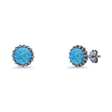 Round 7.3mm Stud Earring Lab Created Opal Oxidized 925 Sterling Silver
