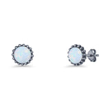 Round 7.3mm Stud Earring Lab Created Opal Oxidized 925 Sterling Silver