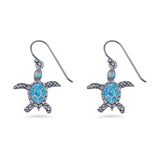 Turtle Dangle Drop 17.3mm Fishhook Earring Lab Created Blue Opal 925 Sterling Silver