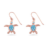 Turtle Dangle Drop 17.3mm Fishhook Earring Lab Created Blue Opal 925 Sterling Silver