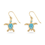 Turtle Dangle Drop 17.3mm Fishhook Earring Lab Created Blue Opal 925 Sterling Silver