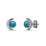 Minimalist 10.4mm Crescent Moon Stud Earrings Turquoise & Cubic Zirconia 925 Sterling Silver