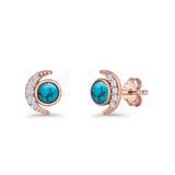 Minimalist 10.4mm Crescent Moon Stud Earrings Turquoise & Cubic Zirconia 925 Sterling Silver