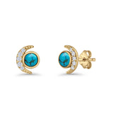 Minimalist 10.4mm Crescent Moon Stud Earrings Turquoise & Cubic Zirconia 925 Sterling Silver