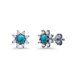 Minimalist 8.2mm Floral Stud Earrings Turquoise & Cubic Zirconia 925 Sterling Silver