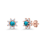 Minimalist 8.2mm Floral Stud Earrings Turquoise & Cubic Zirconia 925 Sterling Silver