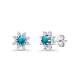Minimalist 8.2mm Floral Stud Earrings Turquoise & Cubic Zirconia 925 Sterling Silver