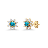 Minimalist 8.2mm Floral Stud Earrings Turquoise & Cubic Zirconia 925 Sterling Silver