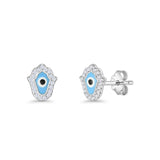 Hamsa Hand Evil Eye Stud Earrings Cubic Zirconia 925 Sterling Silver