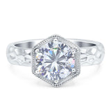 Hexagonal Shape Round Moissanite Solitaire Ring 925 Sterling Silver