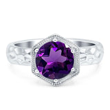 Hexagonal Shape Round Natural Amethyst Solitaire Ring 925 Sterling Silver