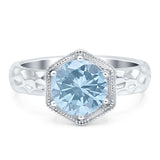 Hexagonal Shape Round Natural Aquamarine Solitaire Ring 925 Sterling Silver